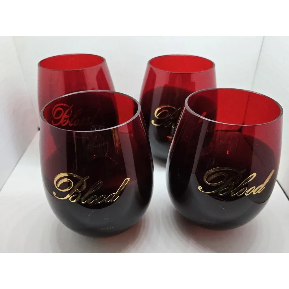 Set of 4 Halloween Blood Stemless Wine Glasses Red Black Ombre Gold Script